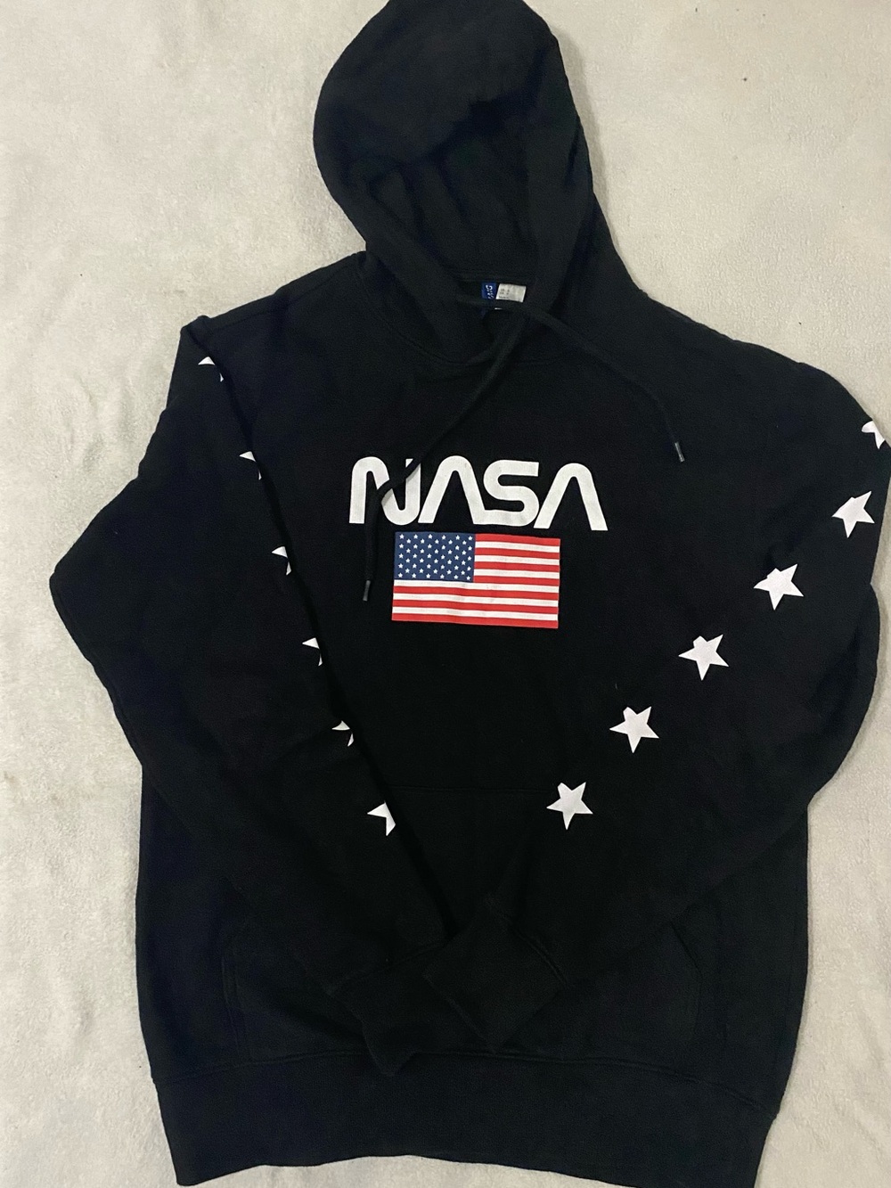 NASA Black Graphic Hoodie with American Flag and Star Sleeve Accents